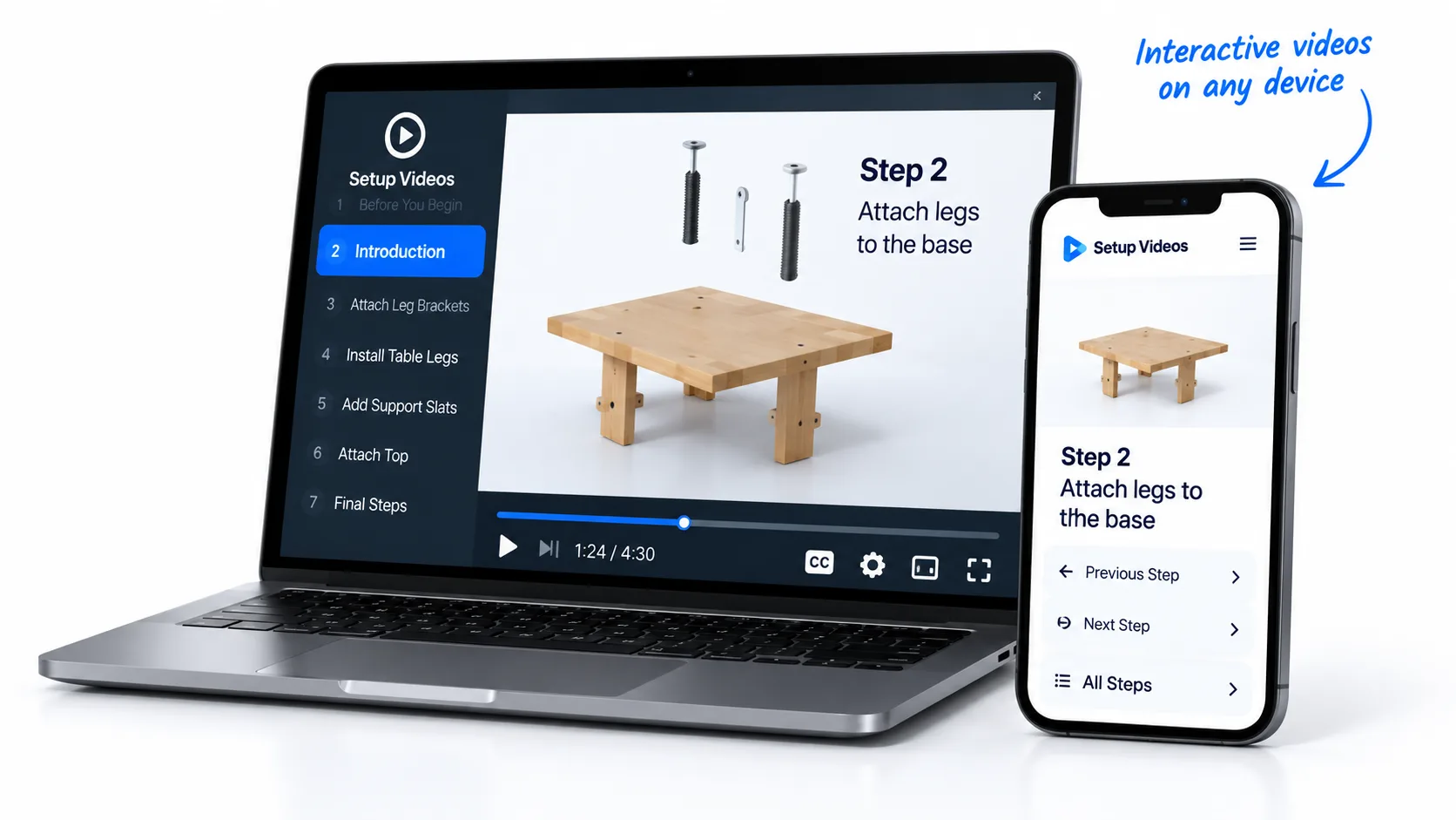 The Setup Videos interactive player with chapters, on a laptop and a phone