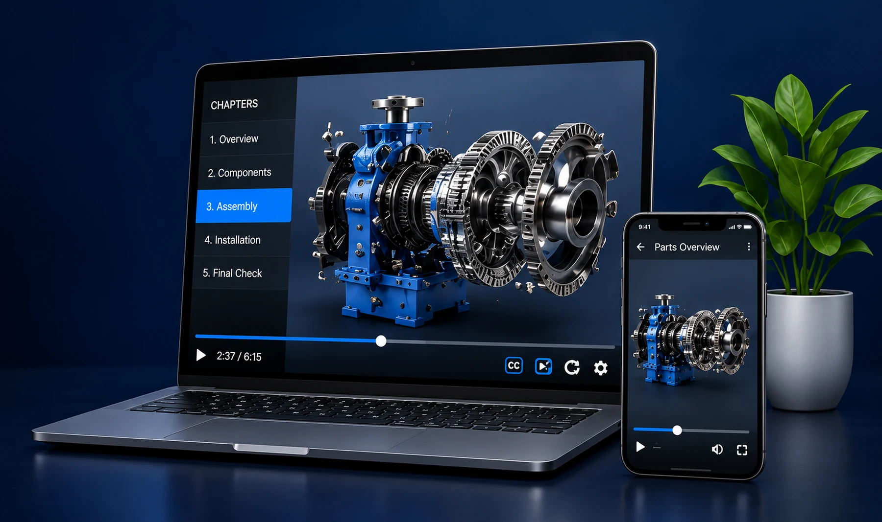 A Setup Videos assembly video playing on a laptop and phone, chapters listed beside an exploded gearbox