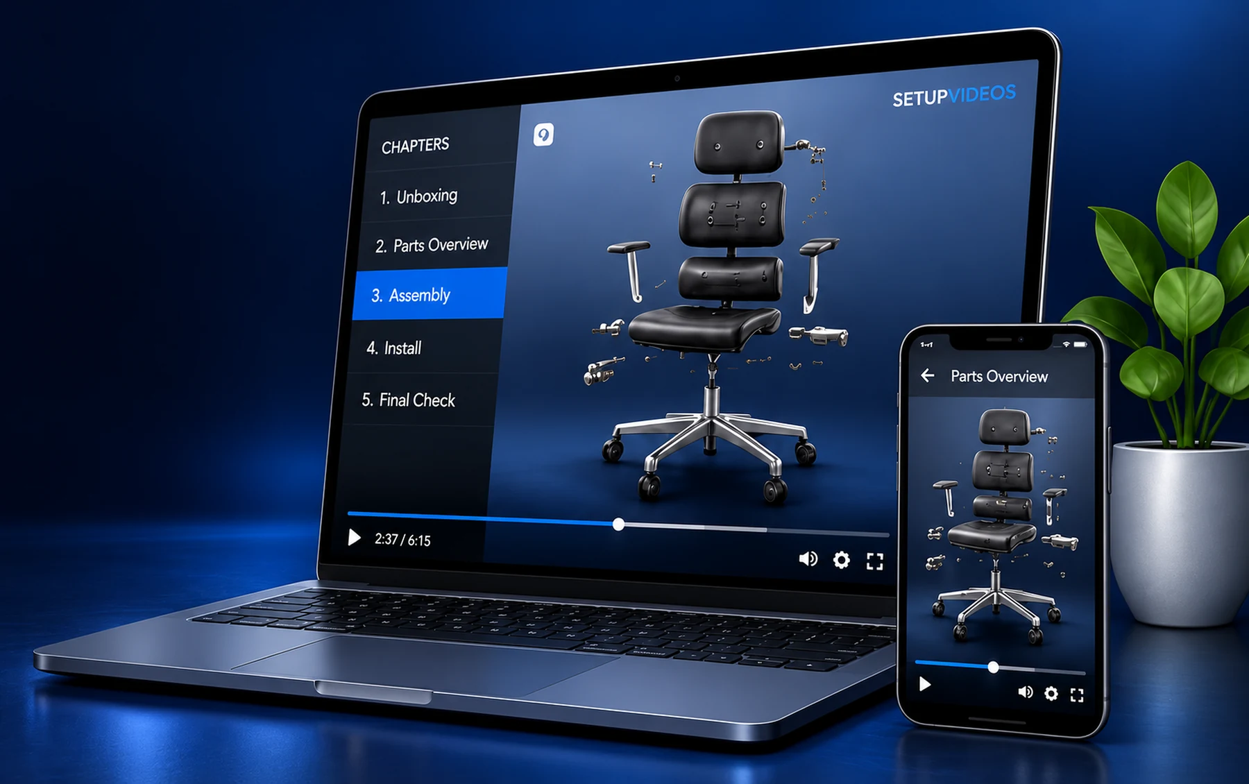 A Setup Videos assembly video playing on a laptop and phone, chapters listed alongside an exploded office chair