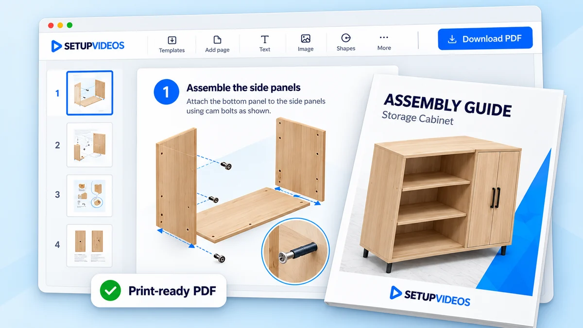 The Manual Maker editor with an assembly step, beside a printed assembly guide