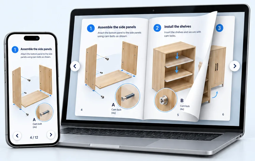 An assembly manual shown as a page-turning flipbook on a laptop and a phone