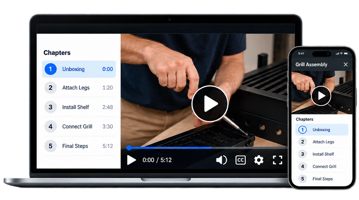 A Setup Videos interactive player with chapters on a laptop and a phone